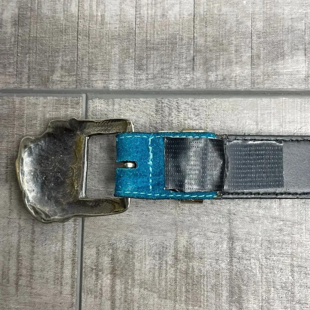 Vintage Native American Indian Head Silver Buckle Teal Calfskin Leather Belt S